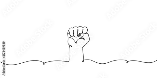 Fist continuous line hand fight single strength raised strong doodle. Fist line human revolution continuous pride up body silhouette victory oneline arm man feminism icon art solidarity social force.