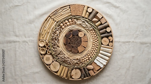 Collection of natural sustainable materials arranged in a circular geometric composition