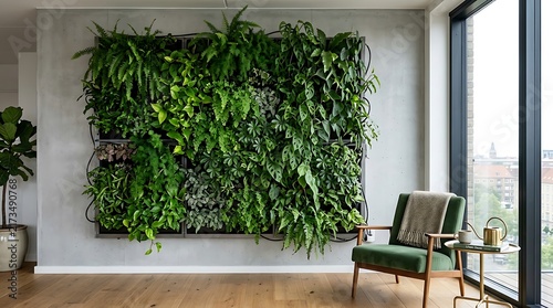 Modern interior room with a lush vertical garden wall and a green armchair on wooden floor