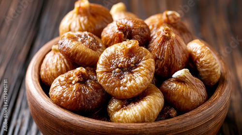Close-up bowl of sweet dried figs in wooden bowl healthy natural snack