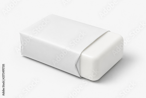 Blank white eraser with paper sleeve wrap mockup isolated on white background for stationery branding