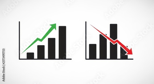 Bar graph showing financial growth with green arrow and economic decline with red arrow down