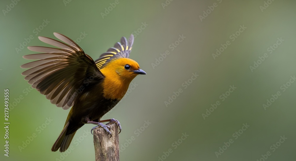 Fototapeta premium Yellow bird with wings spread open perched on a thin branch with soft green background