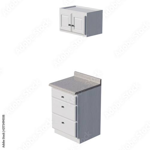 Modern white kitchen cabinet set with drawers and countertop isolated on white background.