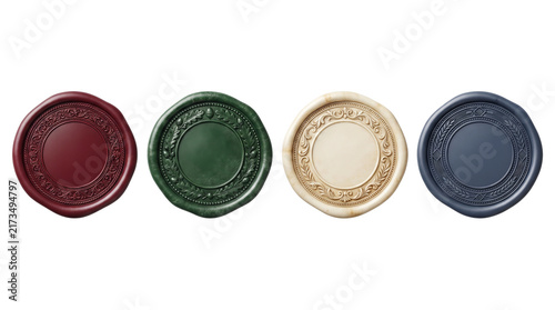 Blank wax seal elements for wedding invitations, luxury stationery, packaging, certificates, branding and premium handcrafted product presentation. Isolated on White background.