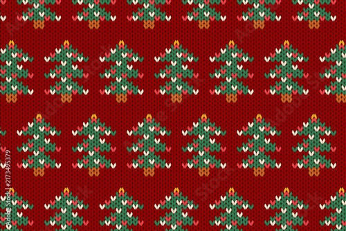 Knitted Christmas Pattern with Trees in Ugly Sweater Style. Winter vector illustration. Holiday festive wallpaper with traditional stitch lines perfect for cards, print, banner, background