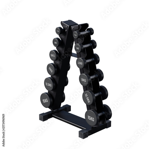 Konstfotografi A-frame dumbbell rack with a set of various weights isolated on white background