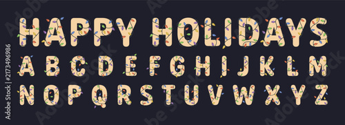 Christmas Alphabet with Colorful Lights and Happy Holidays