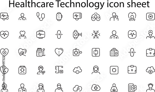 Healthcare Technology Line Art Icon Set, Medical Digital Health, Telemedicine, Patient Monitoring, Doctor, Hospital, Medical Devices, Electronic Health And Wellness Symbols