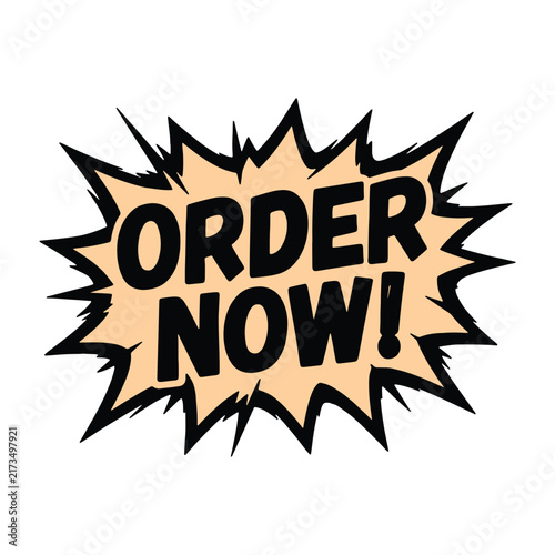 Order Now Comic Burst Badge Design - Retro Beige and Black Typography Vector Icon for E-Commerce, Retail Promotion, and Call to Action Button