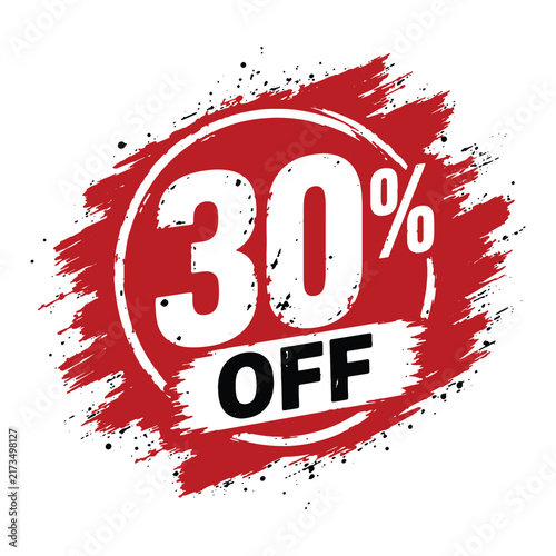30 Percent Off Red Grunge Sale Badge Design - Brush Stroke Discount Label Vector Icon for Retail Promotion, Special Offer, and Marketing Clearance