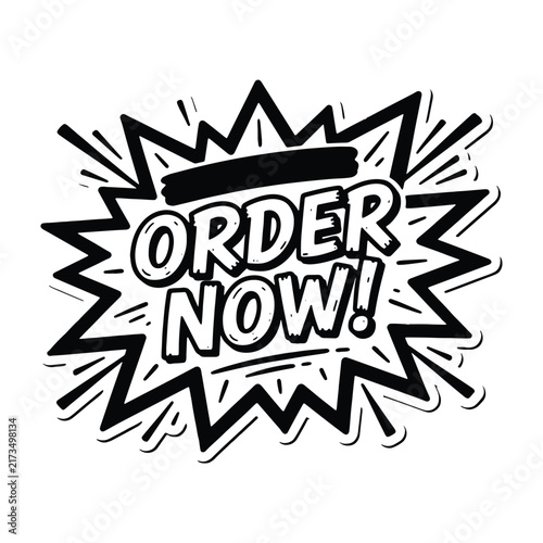 Order Now Comic Speech Burst Badge Design - Black and White Retro Outline Typography Vector Icon for E-Commerce, Retail Promotion, and Call to Action Button