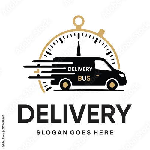 Fast Express Delivery Van Logo Design - Black and Gold Speed Stopwatch Van Vector Icon for Courier, Logistics, and Shipping Services