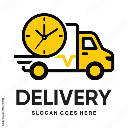 Fast Express Delivery Truck Logo Design - Yellow Clock and Speed Motion Truck Vector Icon for Courier, Logistics, and Shipping Services