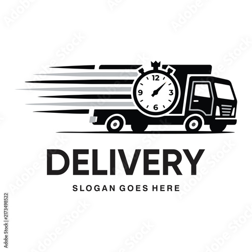 Fast Express Delivery Truck Logo Design - Black and White Speed Clock Truck Vector Icon for Logistics, Courier, and Freight Shipping Services