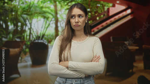Quadro su tela Woman with crossed arms, beige top, pout expression and downward gaze in hotel lobby building with staircase and large potted plants; disappointment resignation