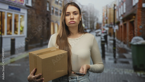 Quadro su tela Woman holds cardboard box and taps phone while standing on street, expression flat and unimpressed; annoyance waiting
