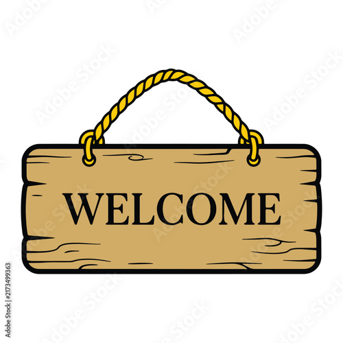 Wooden Welcome Hanging Sign Board Design - Light Brown Wood Plank Vector Icon with Yellow Hanging Rope for Shopfront, Cafe, Boutique, and Home Decor