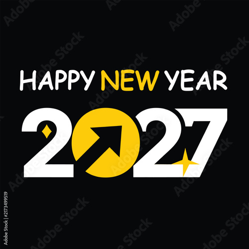Happy New Year 2027 Typography Logo Design - Modern Yellow and White Arrow Graphic with Sparkles Vector Icon for Business Growth, Celebration, and New Beginnings