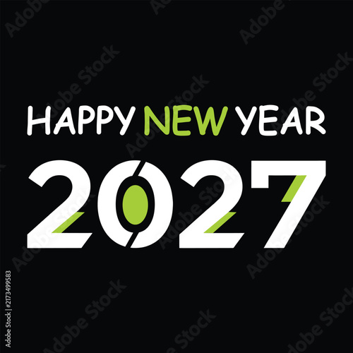 Happy New Year 2027 Typography Logo Design - Modern Lime Green and White Bold Graphic Vector Icon for Business Celebration and Event Branding