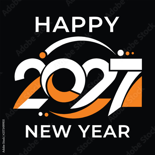 Happy New Year 2027 Dynamic Logo Design - Modern Orange and White Swirl Typography Vector Icon for Business Celebration, Party, and Event Branding