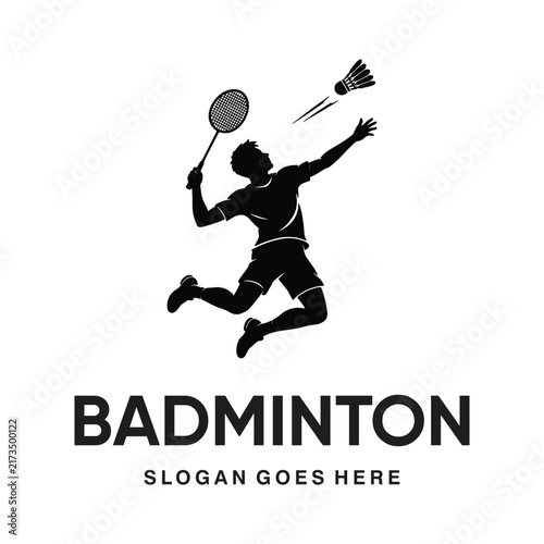Jumping Badminton Player Silhouette Logo Design - Black Racket and Shuttlecock Smash Vector Icon for Sports Club, Tournament, and Athletic Branding