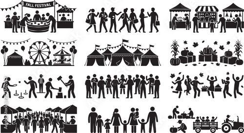 Black silhouette showing scenes from a fall festival, including carnival games, food stalls, people dancing, and pumpkin harvesting