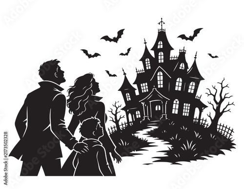 Family looking at a spooky haunted house silhouette for a fun Halloween night design element