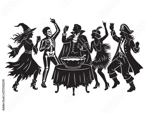Group of friends in diverse Halloween costumes dancing and celebrating at a festive party
