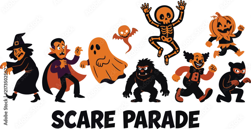 Obraz premium A delightful halloween scare parade featuring classic monsters and spooky characters perfect for festive celebrations and trick or treating fun