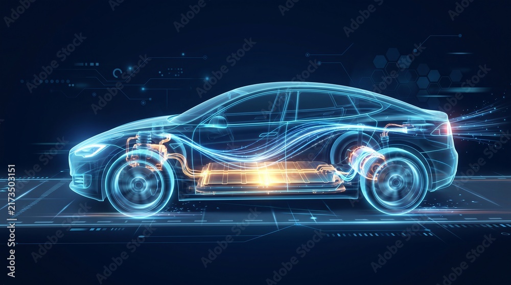Naklejka premium Electric Car Battery Technology Rendered as a Digital X-Ray Visualization With a Glowing Orange Battery Pack Inside a Wireframe Sedan
