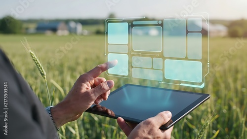 Farmer using a tablet with a holographic interface in a green wheat field at sunset, close up view