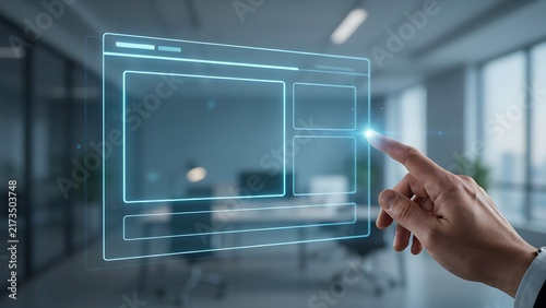 Human hand touching a glowing blue digital interface with web layout wireframe finger