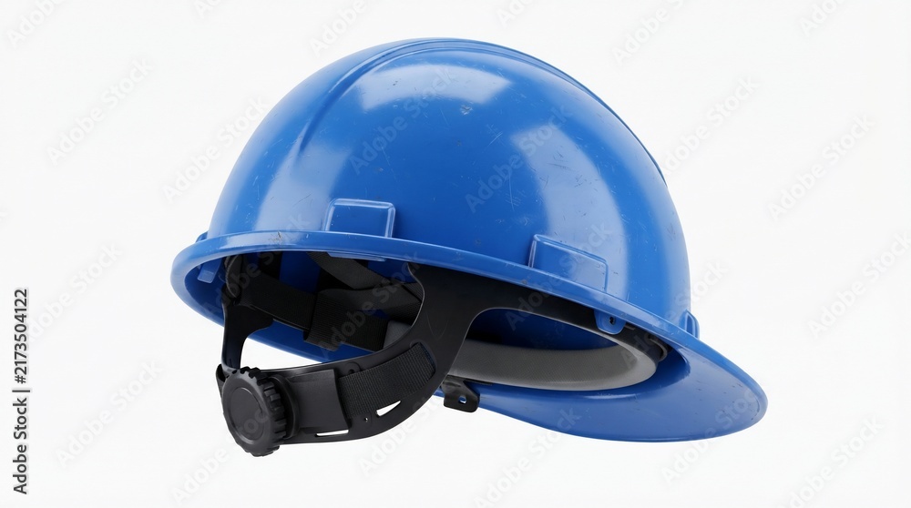 Fototapeta premium Blue hard hat on white background, industrial safety helmet for construction workers, protective headwear for engineering and site labor