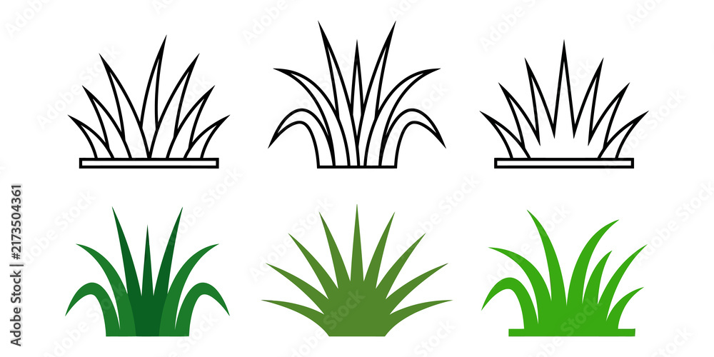 Fototapeta premium Green grass tufts and black outline grass silhouette icon set on grid backdrop.
