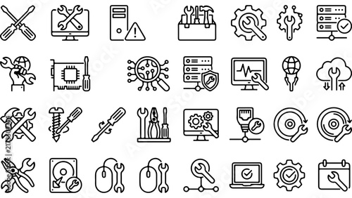 Set of black line icons representing computer repair maintenance technical support and software service