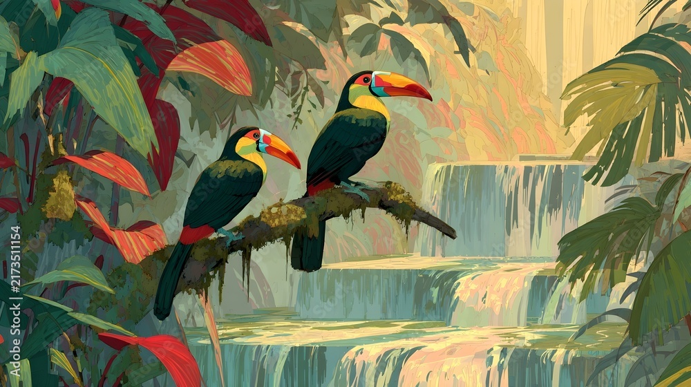 Naklejka premium Two toucanlike birds perched over cascading waterfall in jungle