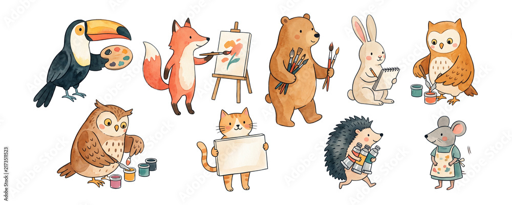 Obraz premium Creative Animal Artists in Whimsical Watercolor Style