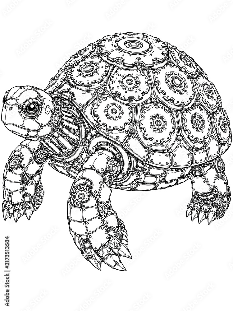 Fototapeta premium Black and white drawing of mechanical turtle with intricate designs standing on isolated white background vector illustration outline coloring page