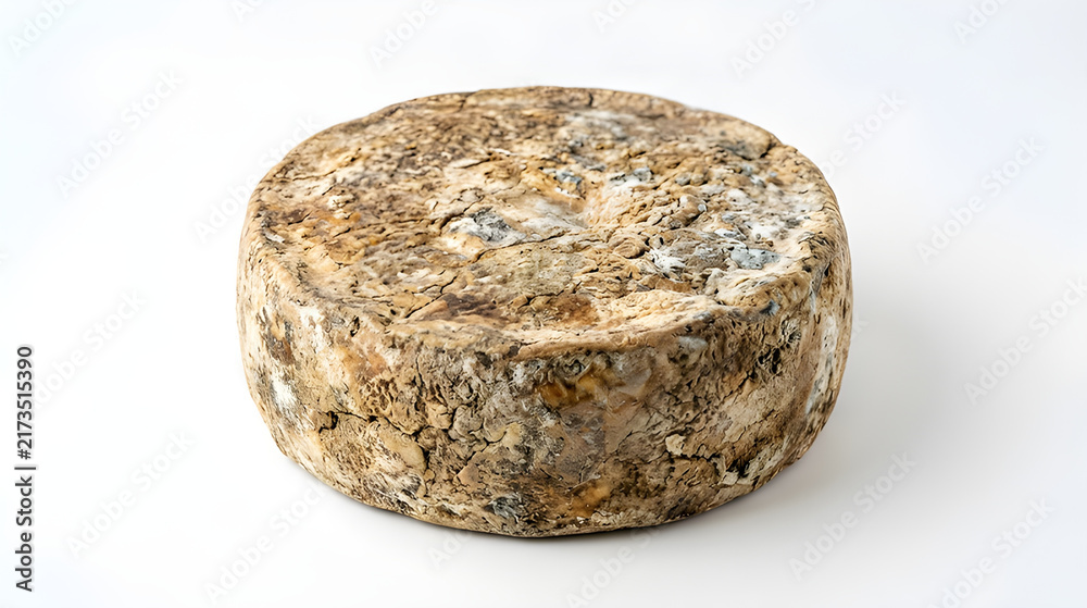 Obraz premium Whole wheel of aged artisan cheese with rustic textured rind on white background