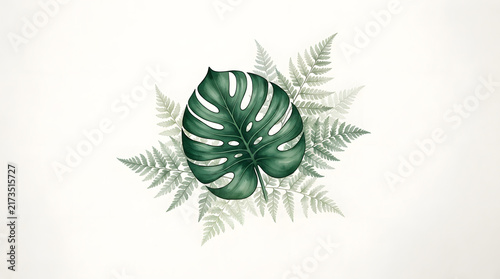 Watercolor tropical monstera leaf and fern leaves arrangement on white background with watercolor