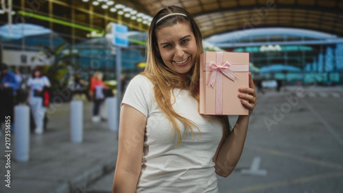 фотографія Woman holds pink present against cheek while smiling and tilting head at airport; happy celebration