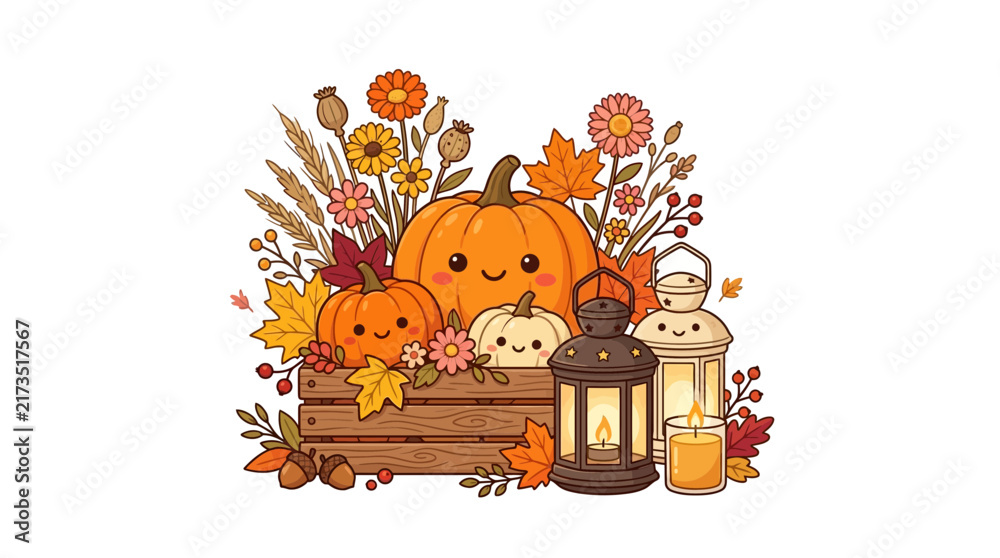 Fototapeta premium Autumn pumpkin harvest crate with lantern and flowers.