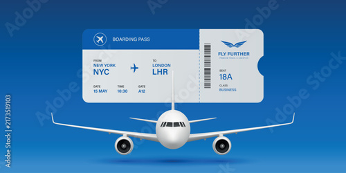 Airplane and Boarding Pass, 3d Vector Illustration. Airline Travel Concept with Passenger Jet Front View, Flight Ticket on Horizontal Blue Background. Travel Concept