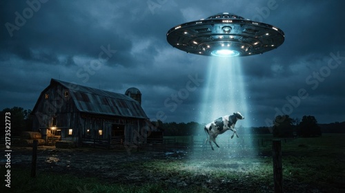 UFO abducting cow in a rural farm field at night