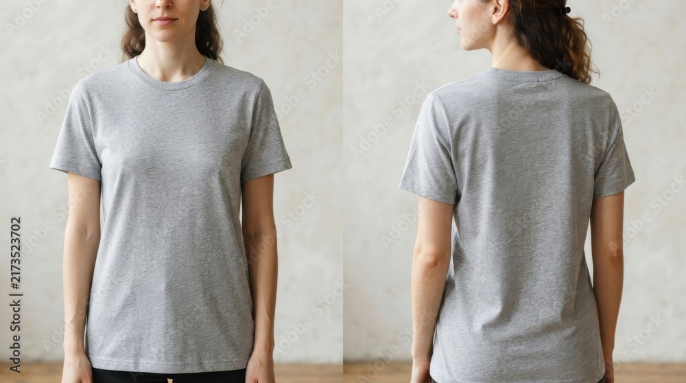 Obraz premium Woman wearing gray t-shirt front and back view mockup