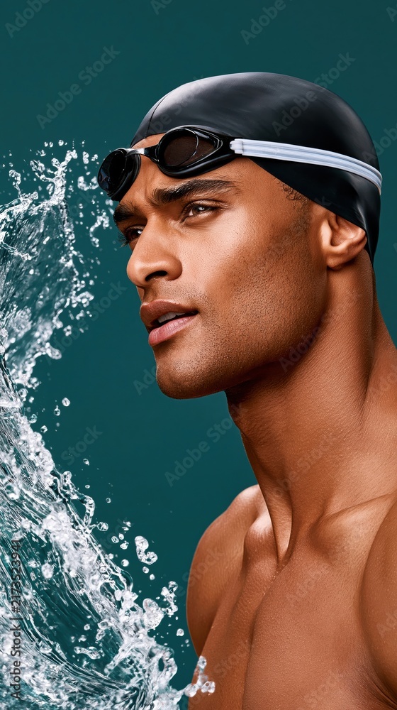 Fototapeta premium Swimmer with cap and goggles against deep teal background with water splash