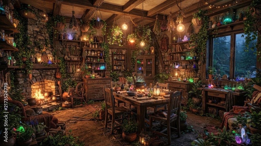 Naklejka premium Cozy rustic witch cottage interior with glowing potions and fireplace
