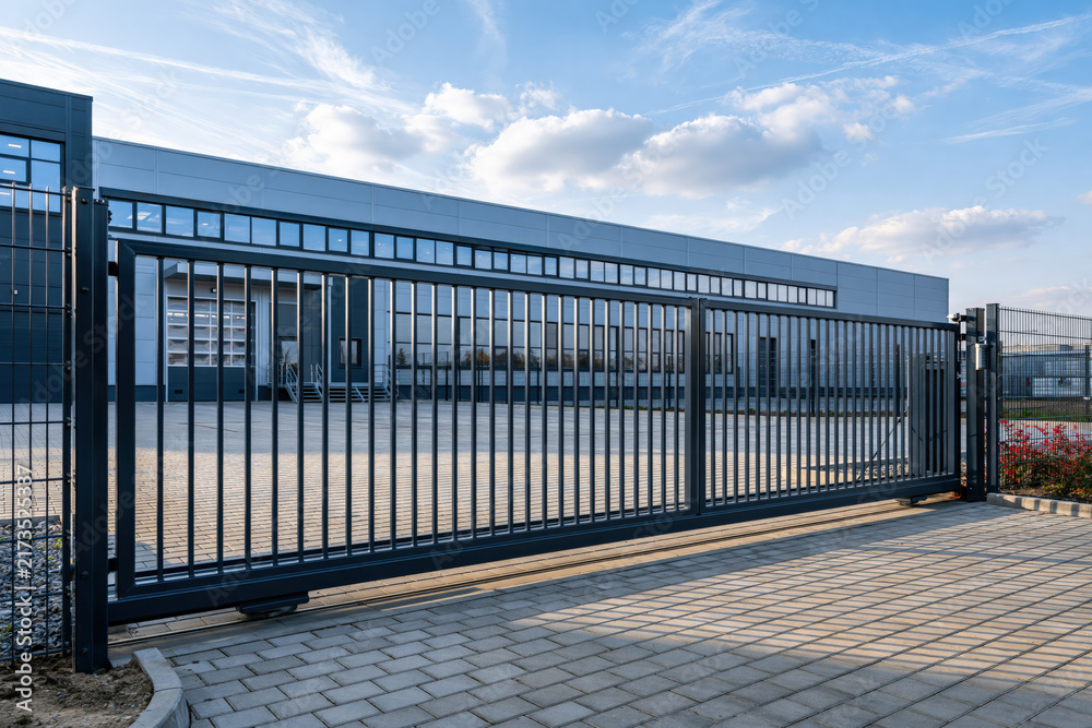 Obraz premium Large dark metal sliding industrial security gate in front
