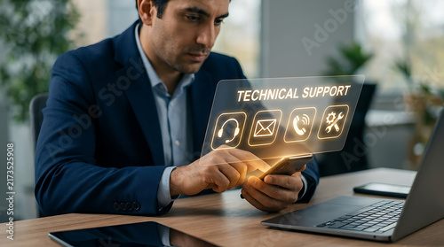Businessman Receiving Technical Support Using Smartphone With Digital Icons